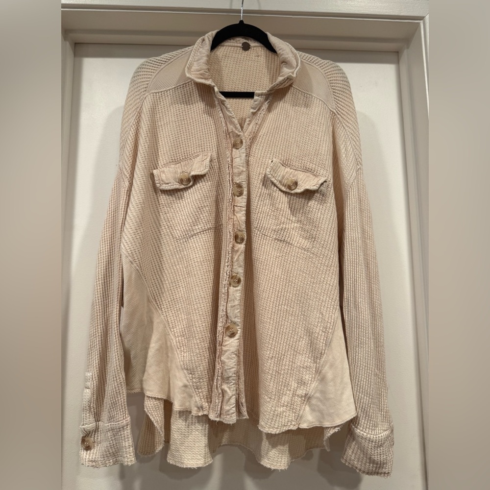 Free People One Scout Jacket Shacket Waffle Thermal Knit Slouchy Nude Sand - Picture 5 of 16